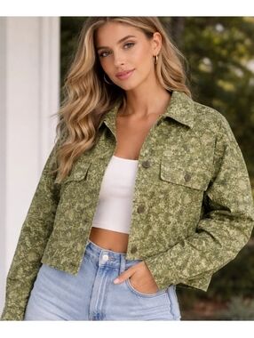Wild Fable Cropped Floral Jacket Small New Women's Green Cotton Spring Layering